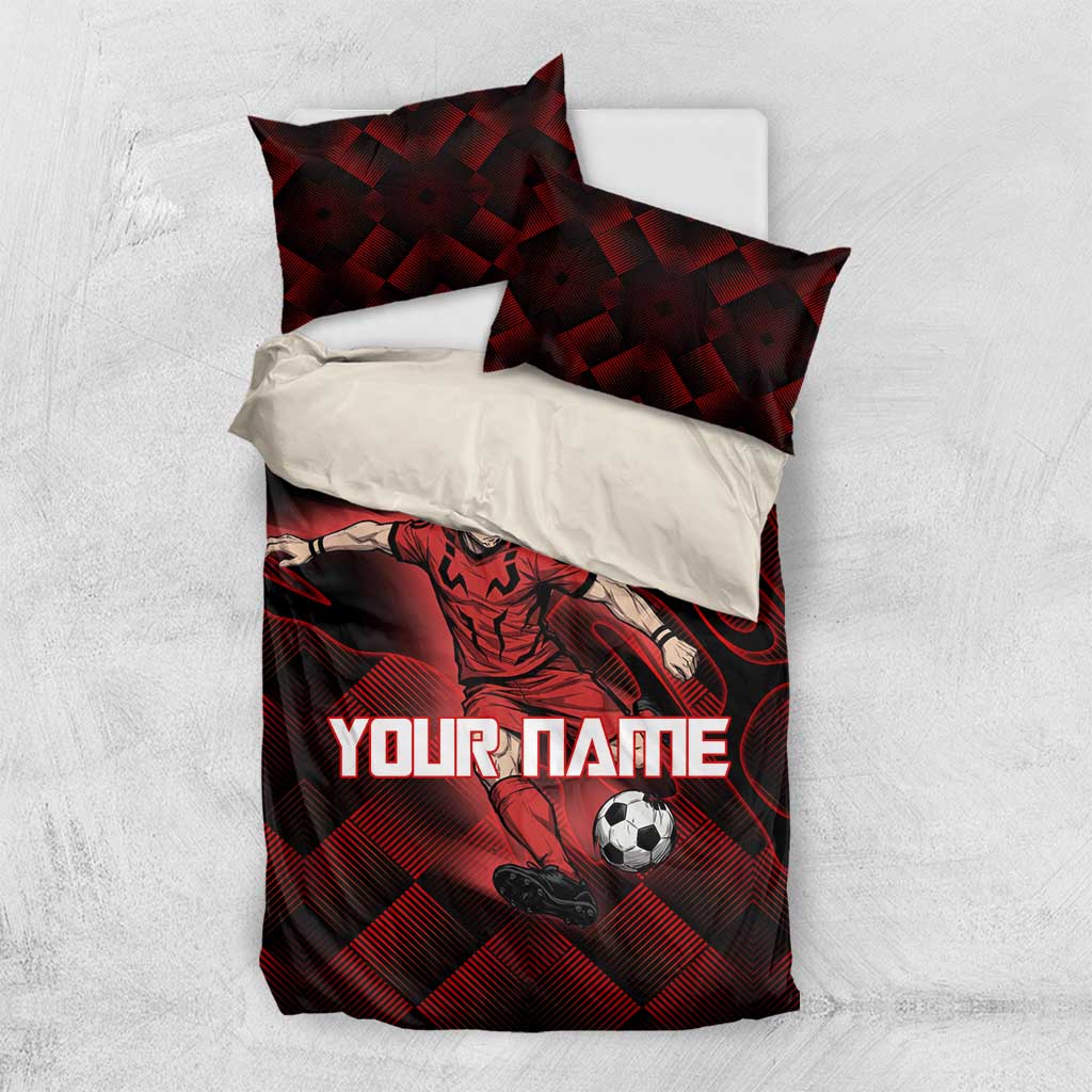 Personalized Sukuna Jujutsu Kaisen Soccer Theme Bedding Set with Powerful Kick Pose and Red Black Plaid Graphic Design - The Mazicc