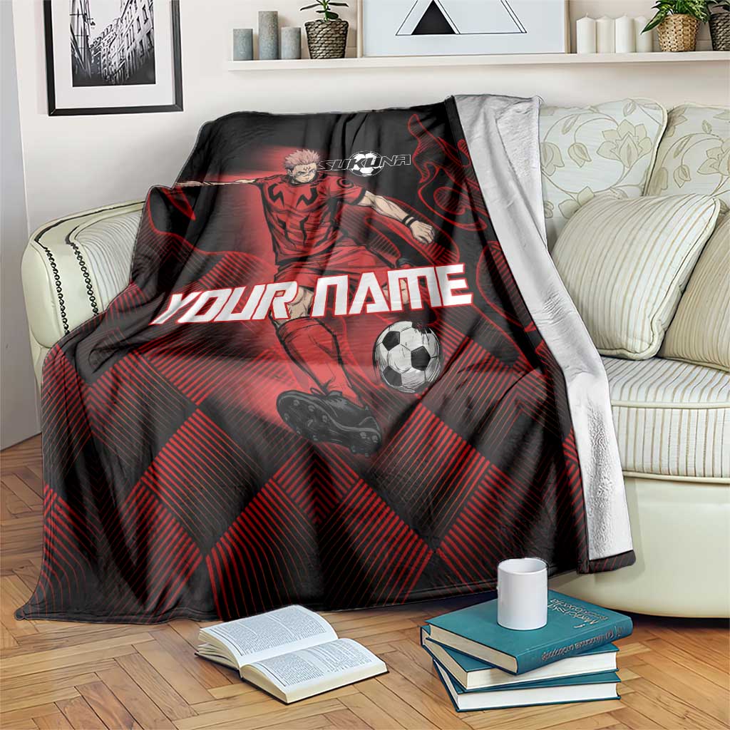 Personalized Sukuna Jujutsu Kaisen Soccer Theme Blanket with Powerful Kick Pose and Red Black Plaid Graphic Design - The Mazicc