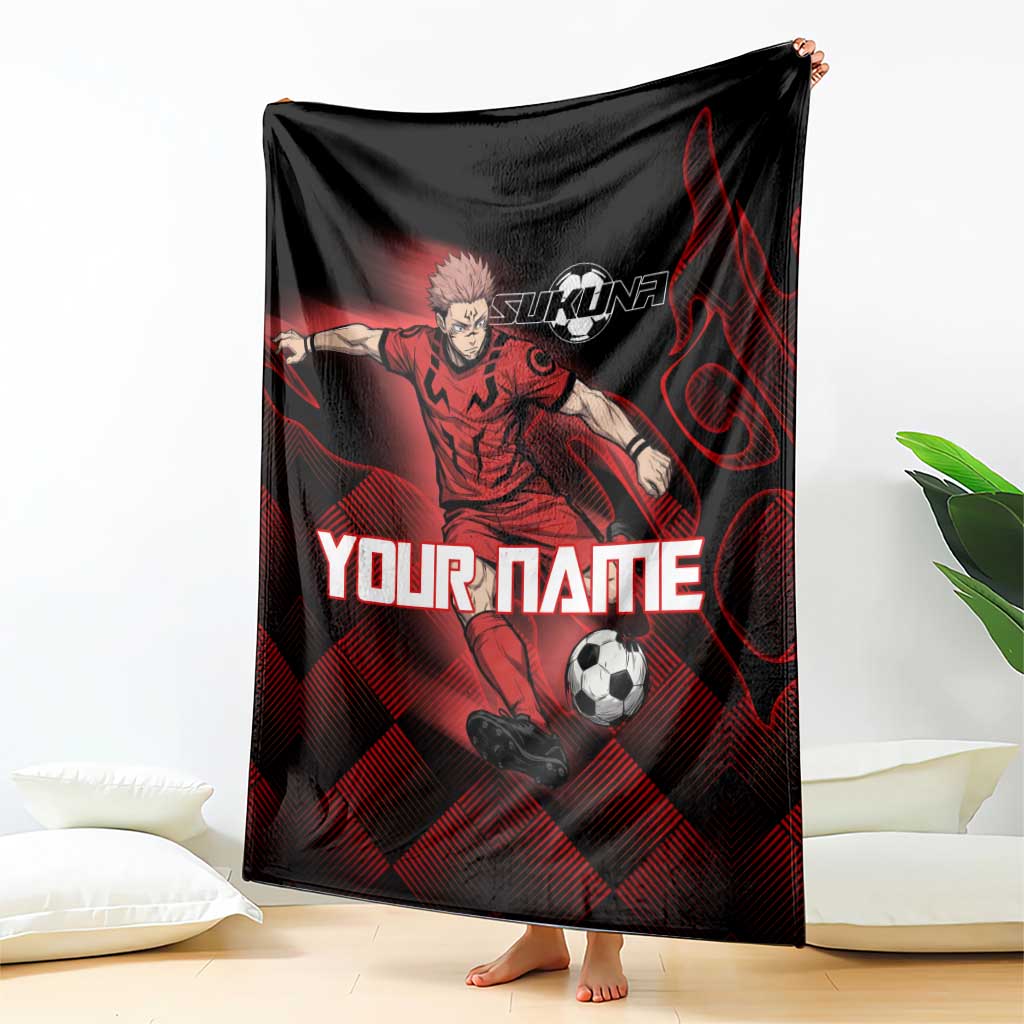 Personalized Sukuna Jujutsu Kaisen Soccer Theme Blanket with Powerful Kick Pose and Red Black Plaid Graphic Design - The Mazicc