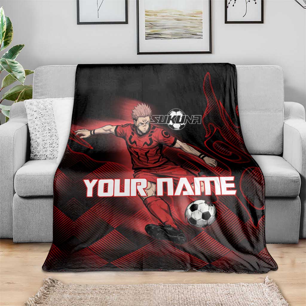 Personalized Sukuna Jujutsu Kaisen Soccer Theme Blanket with Powerful Kick Pose and Red Black Plaid Graphic Design - The Mazicc
