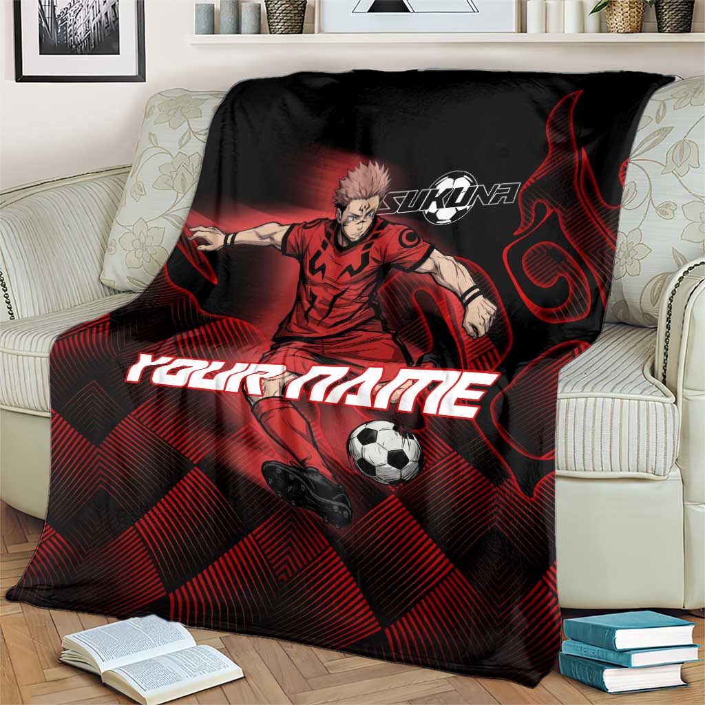 Personalized Sukuna Jujutsu Kaisen Soccer Theme Blanket with Powerful Kick Pose and Red Black Plaid Graphic Design - The Mazicc