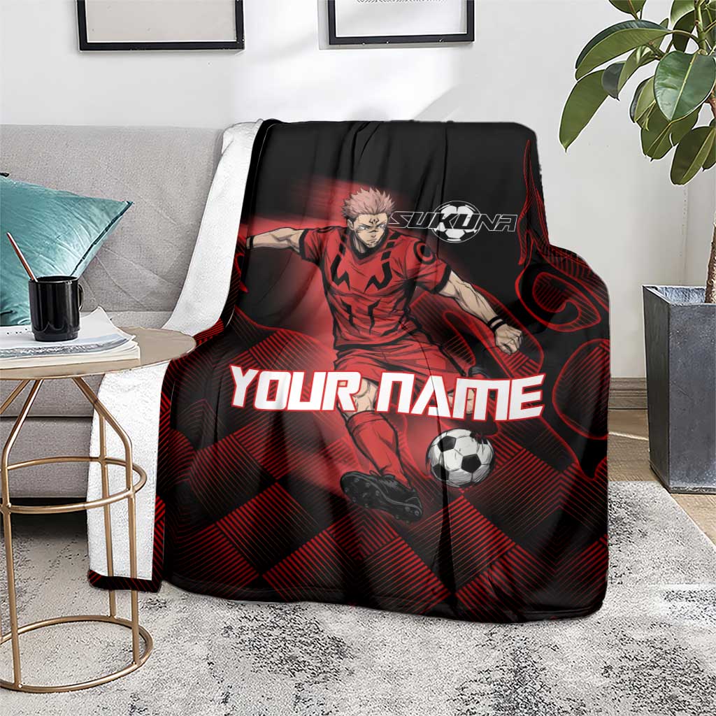 Personalized Sukuna Jujutsu Kaisen Soccer Theme Blanket with Powerful Kick Pose and Red Black Plaid Graphic Design - The Mazicc
