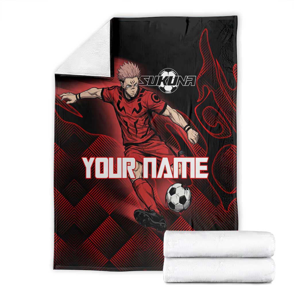 Personalized Sukuna Jujutsu Kaisen Soccer Theme Blanket with Powerful Kick Pose and Red Black Plaid Graphic Design - The Mazicc