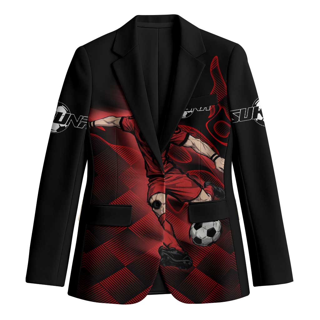 Personalized Sukuna Jujutsu Kaisen Soccer Theme Blazer with Powerful Kick Pose and Red Black Plaid Graphic Design - The Mazicc