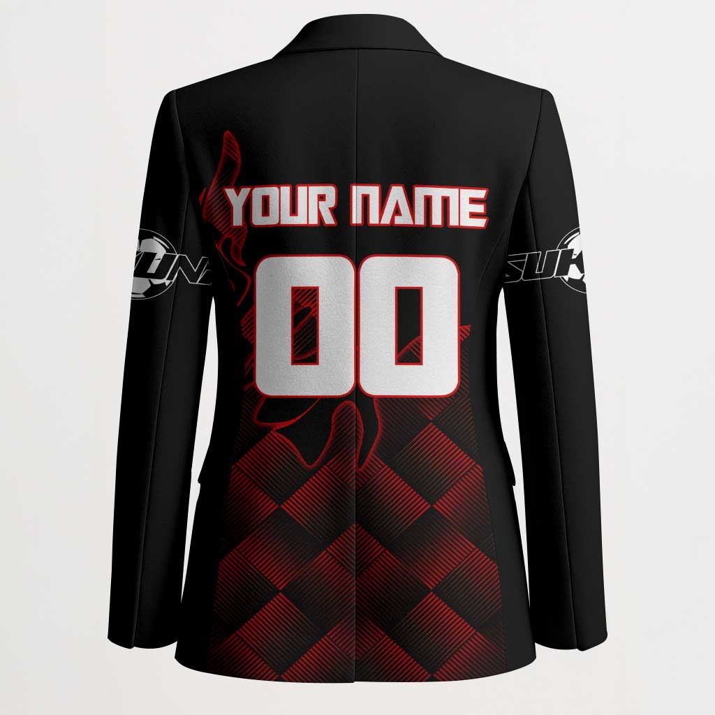 Personalized Sukuna Jujutsu Kaisen Soccer Theme Blazer with Powerful Kick Pose and Red Black Plaid Graphic Design - The Mazicc