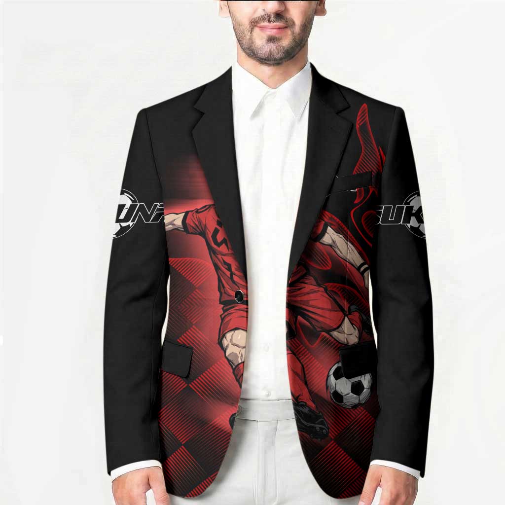 Personalized Sukuna Jujutsu Kaisen Soccer Theme Blazer with Powerful Kick Pose and Red Black Plaid Graphic Design - The Mazicc