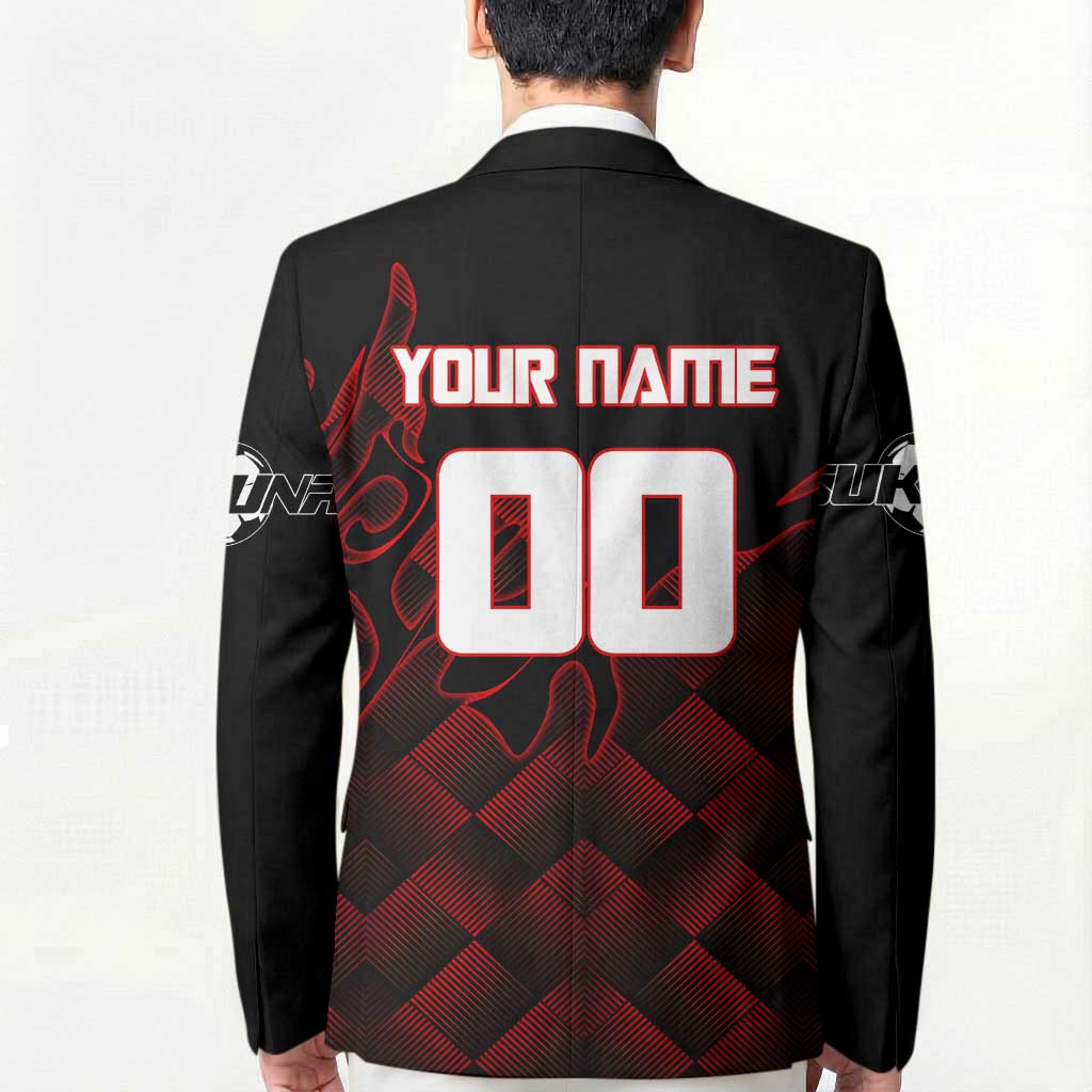 Personalized Sukuna Jujutsu Kaisen Soccer Theme Blazer with Powerful Kick Pose and Red Black Plaid Graphic Design - The Mazicc