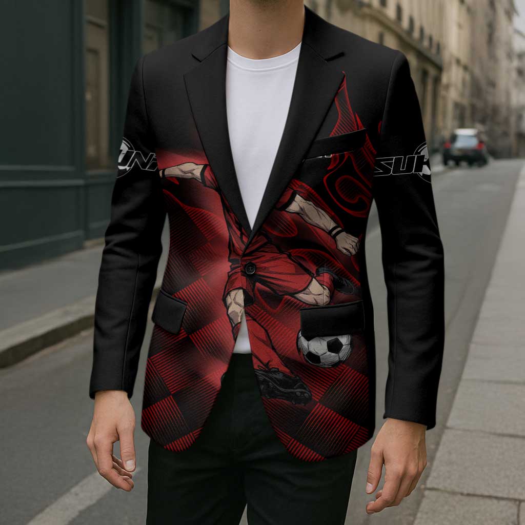 Personalized Sukuna Jujutsu Kaisen Soccer Theme Blazer with Powerful Kick Pose and Red Black Plaid Graphic Design - The Mazicc