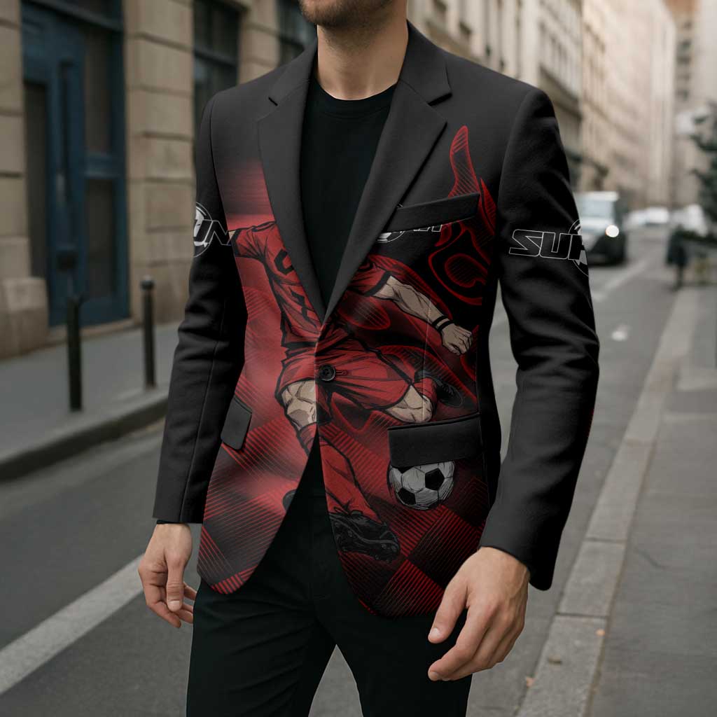 Personalized Sukuna Jujutsu Kaisen Soccer Theme Blazer with Powerful Kick Pose and Red Black Plaid Graphic Design - The Mazicc