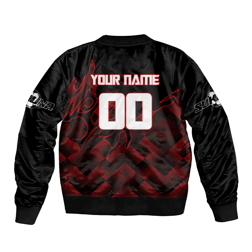 Personalized Sukuna Jujutsu Kaisen Soccer Theme Bomber Jacket with Powerful Kick Pose and Red Black Plaid Graphic Design - The Mazicc