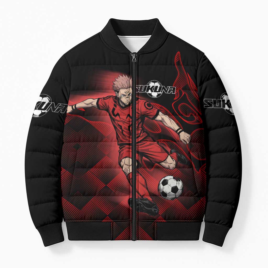 Personalized Sukuna Jujutsu Kaisen Soccer Theme Bomber Puffer Jacket with Powerful Kick Pose and Red Black Plaid Graphic Design - The Mazicc