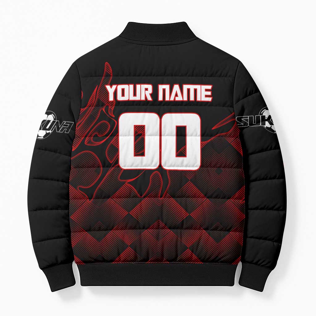 Personalized Sukuna Jujutsu Kaisen Soccer Theme Bomber Puffer Jacket with Powerful Kick Pose and Red Black Plaid Graphic Design - The Mazicc