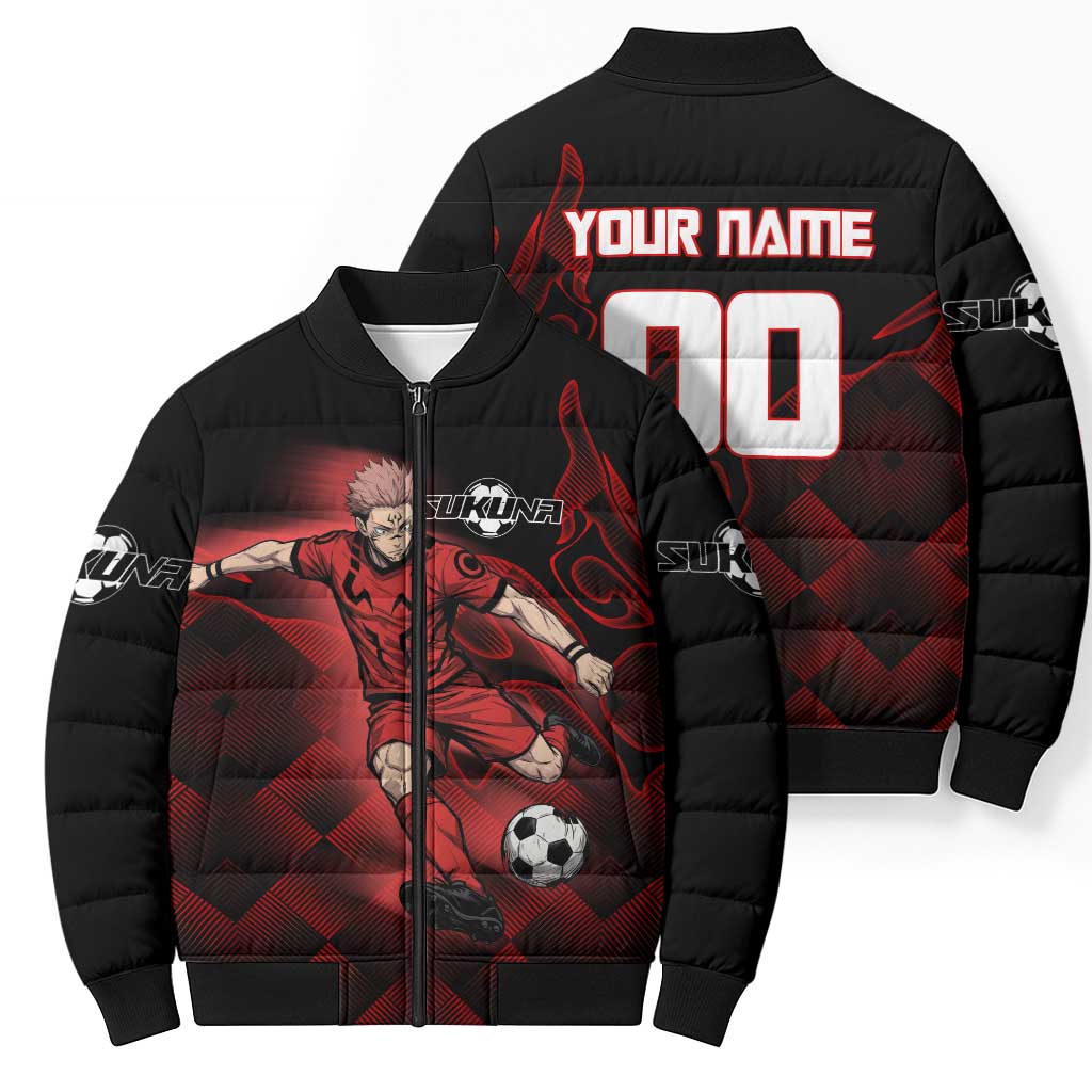 Personalized Sukuna Jujutsu Kaisen Soccer Theme Bomber Puffer Jacket with Powerful Kick Pose and Red Black Plaid Graphic Design - The Mazicc