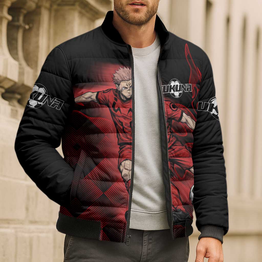 Personalized Sukuna Jujutsu Kaisen Soccer Theme Bomber Puffer Jacket with Powerful Kick Pose and Red Black Plaid Graphic Design - The Mazicc