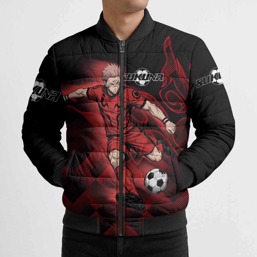 Personalized Sukuna Jujutsu Kaisen Soccer Theme Bomber Puffer Jacket with Powerful Kick Pose and Red Black Plaid Graphic Design - The Mazicc
