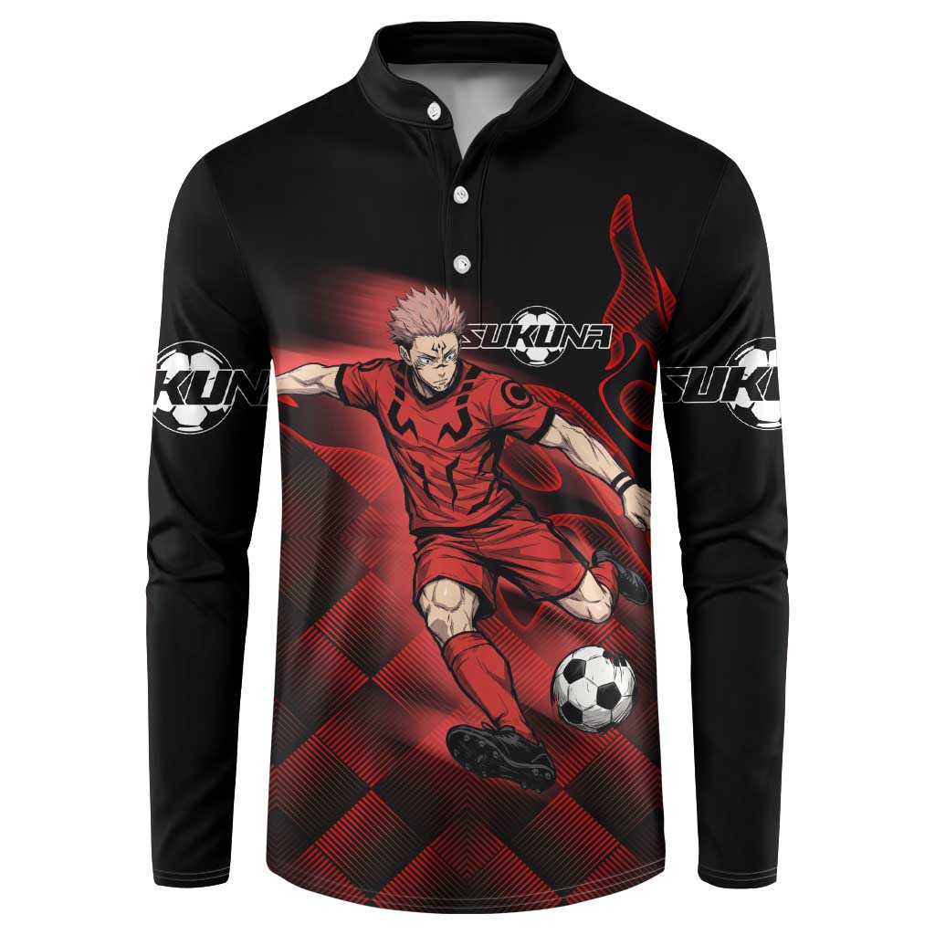 Personalized Sukuna Jujutsu Kaisen Soccer Theme Button Sweatshirt with Powerful Kick Pose and Red Black Plaid Graphic Design - The Mazicc