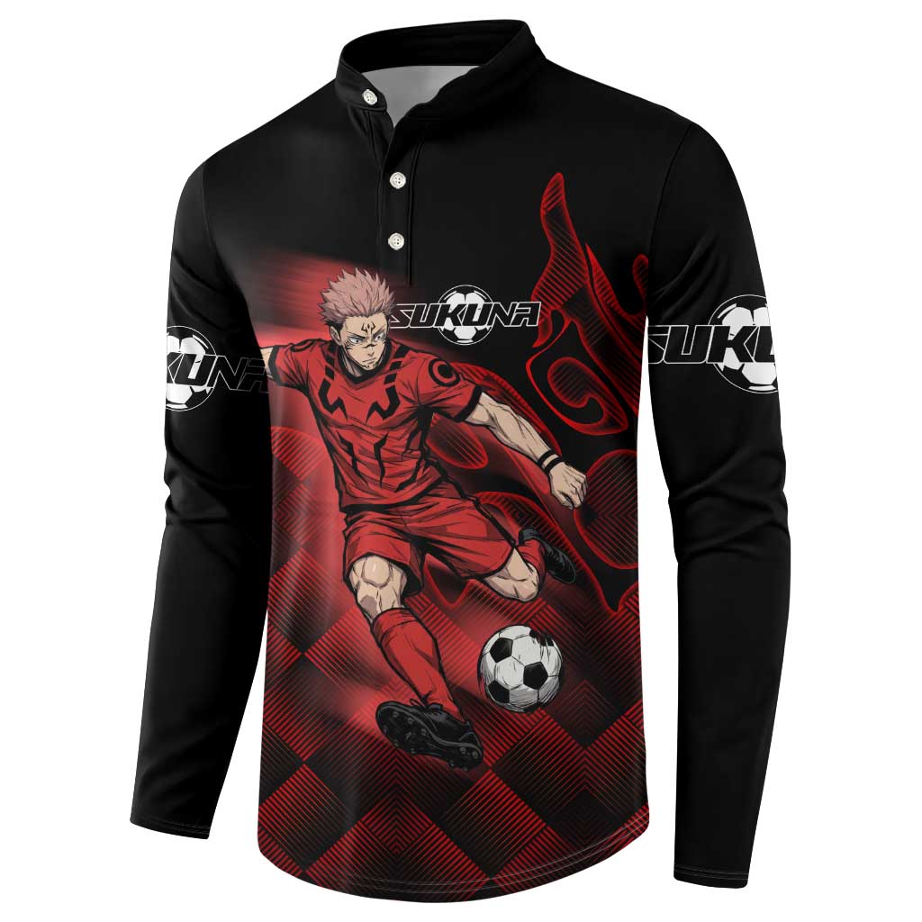 Personalized Sukuna Jujutsu Kaisen Soccer Theme Button Sweatshirt with Powerful Kick Pose and Red Black Plaid Graphic Design - The Mazicc
