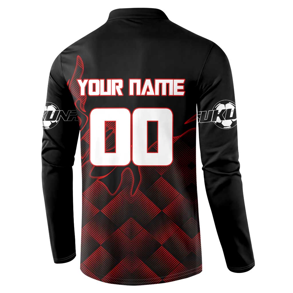 Personalized Sukuna Jujutsu Kaisen Soccer Theme Button Sweatshirt with Powerful Kick Pose and Red Black Plaid Graphic Design - The Mazicc