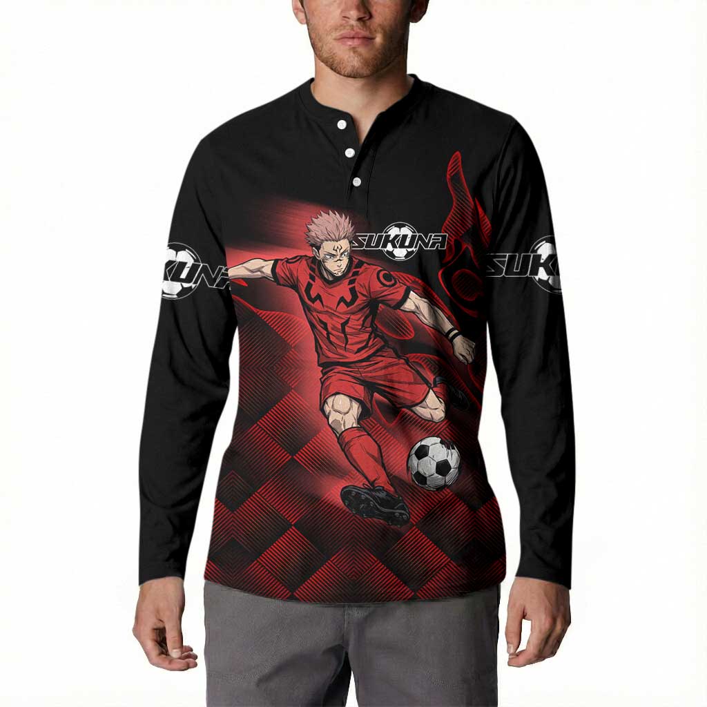 Personalized Sukuna Jujutsu Kaisen Soccer Theme Button Sweatshirt with Powerful Kick Pose and Red Black Plaid Graphic Design - The Mazicc