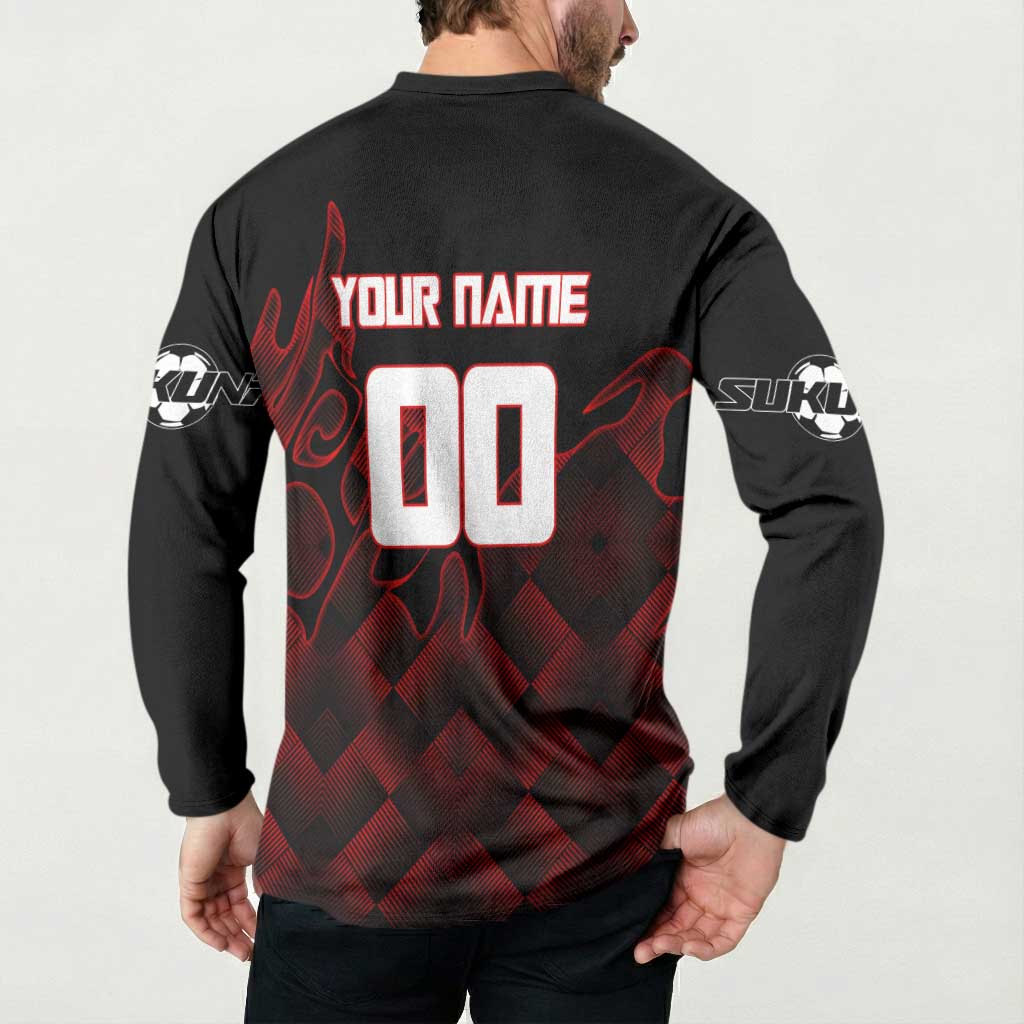Personalized Sukuna Jujutsu Kaisen Soccer Theme Button Sweatshirt with Powerful Kick Pose and Red Black Plaid Graphic Design - The Mazicc