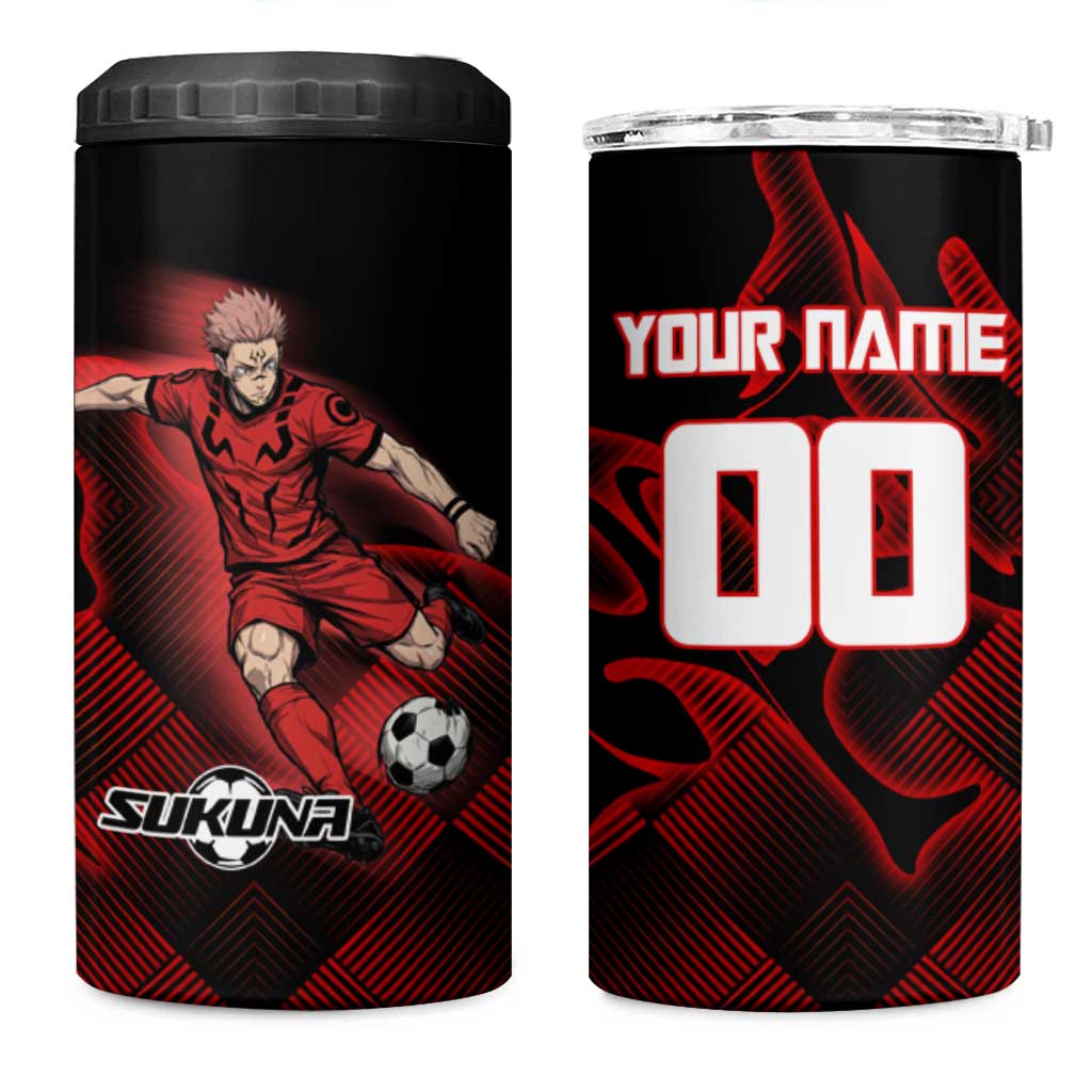 Personalized Sukuna Jujutsu Kaisen Soccer Theme 4 in 1 Can Cooler Tumbler with Powerful Kick Pose and Red Black Plaid Graphic Design - The Mazicc