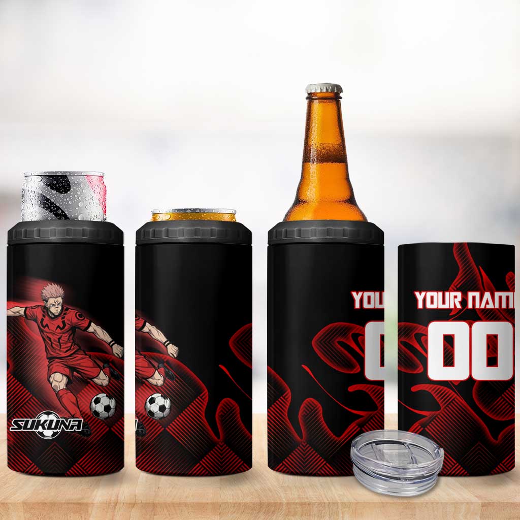 Personalized Sukuna Jujutsu Kaisen Soccer Theme 4 in 1 Can Cooler Tumbler with Powerful Kick Pose and Red Black Plaid Graphic Design - The Mazicc