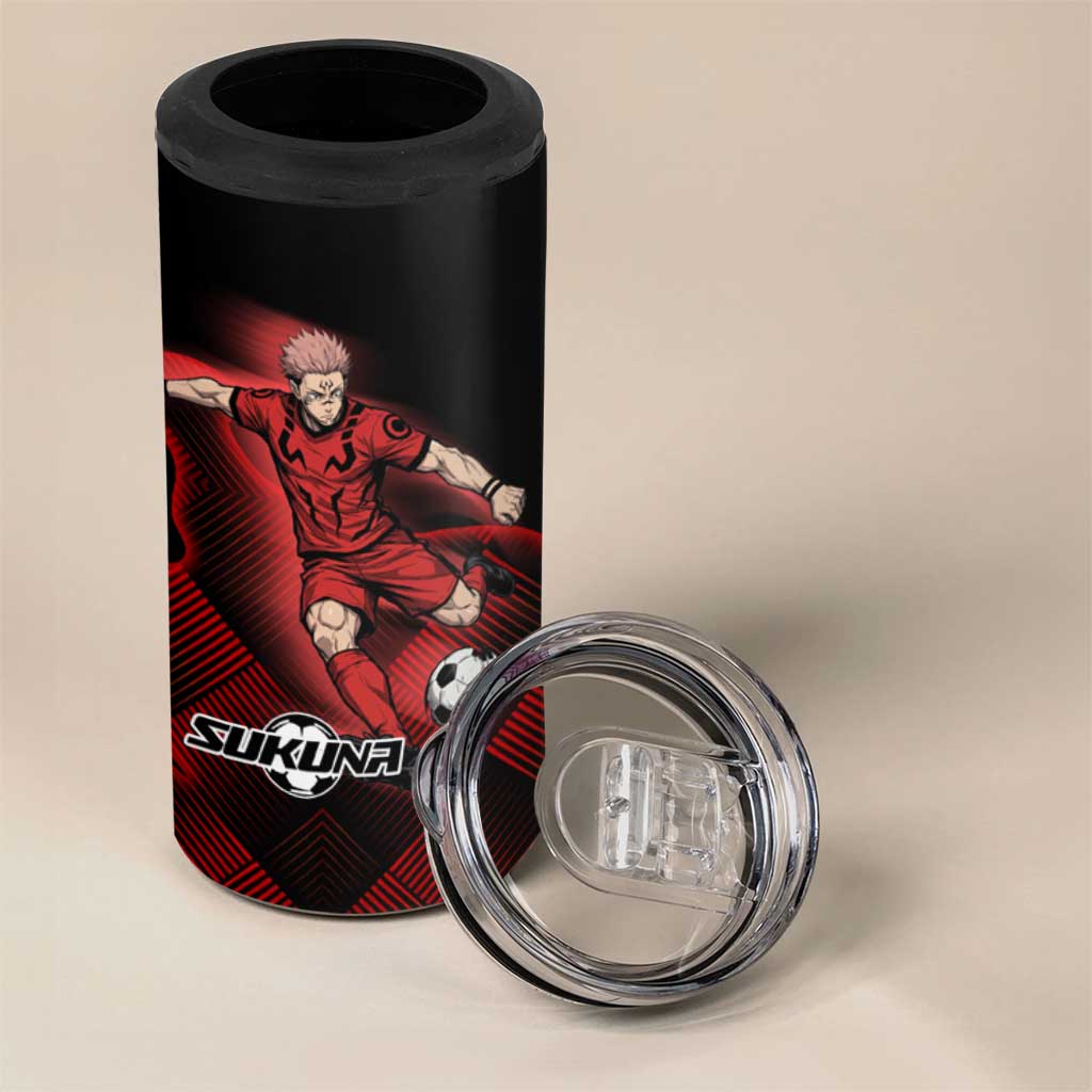 Personalized Sukuna Jujutsu Kaisen Soccer Theme 4 in 1 Can Cooler Tumbler with Powerful Kick Pose and Red Black Plaid Graphic Design - The Mazicc