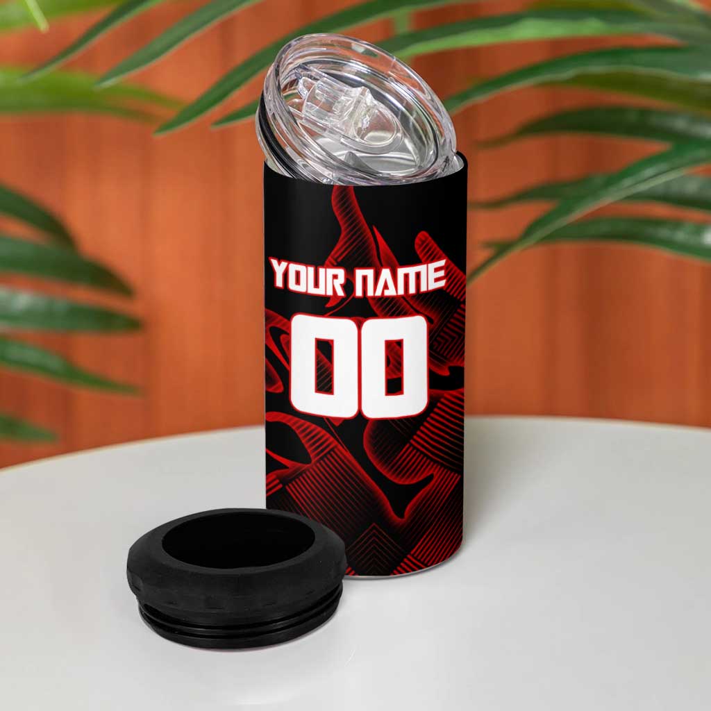 Personalized Sukuna Jujutsu Kaisen Soccer Theme 4 in 1 Can Cooler Tumbler with Powerful Kick Pose and Red Black Plaid Graphic Design - The Mazicc