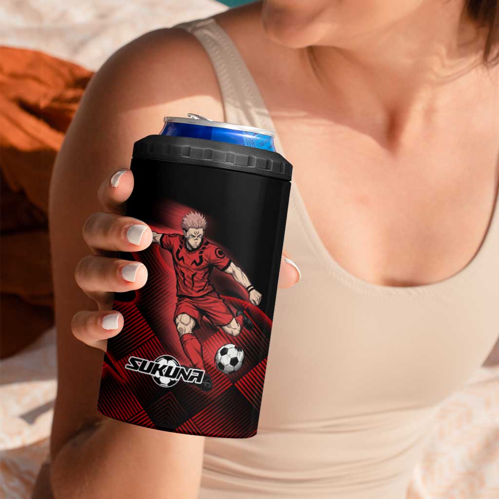 Personalized Sukuna Jujutsu Kaisen Soccer Theme 4 in 1 Can Cooler Tumbler with Powerful Kick Pose and Red Black Plaid Graphic Design - The Mazicc