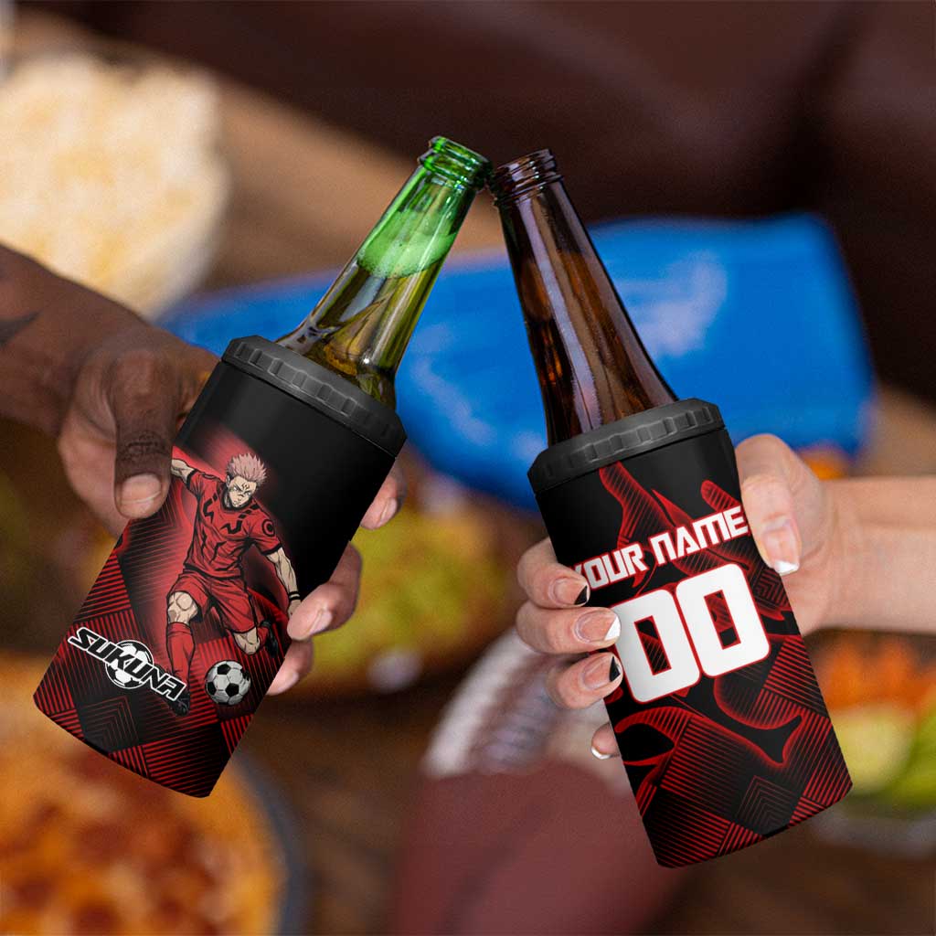 Personalized Sukuna Jujutsu Kaisen Soccer Theme 4 in 1 Can Cooler Tumbler with Powerful Kick Pose and Red Black Plaid Graphic Design - The Mazicc