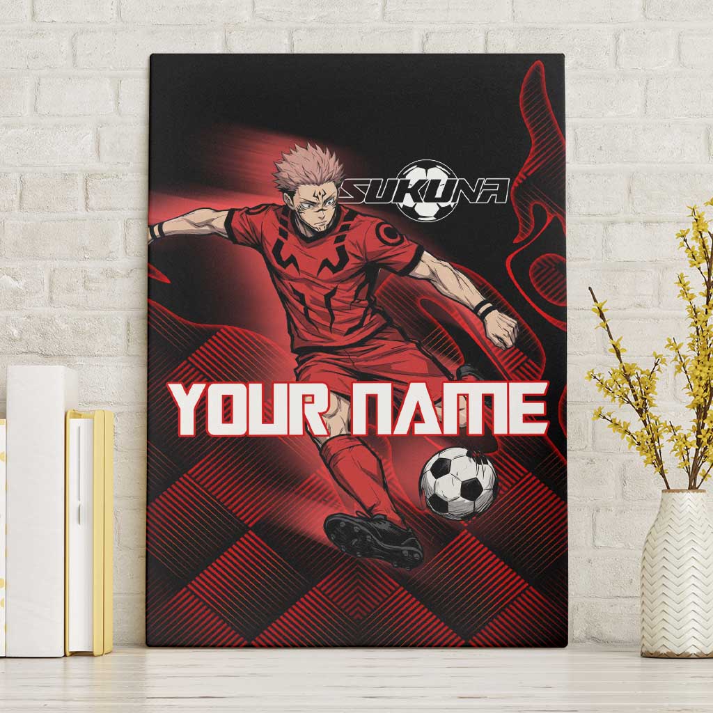 Personalized Sukuna Jujutsu Kaisen Soccer Theme Canvas Wall Art with Powerful Kick Pose and Red Black Plaid Graphic Design - The Mazicc