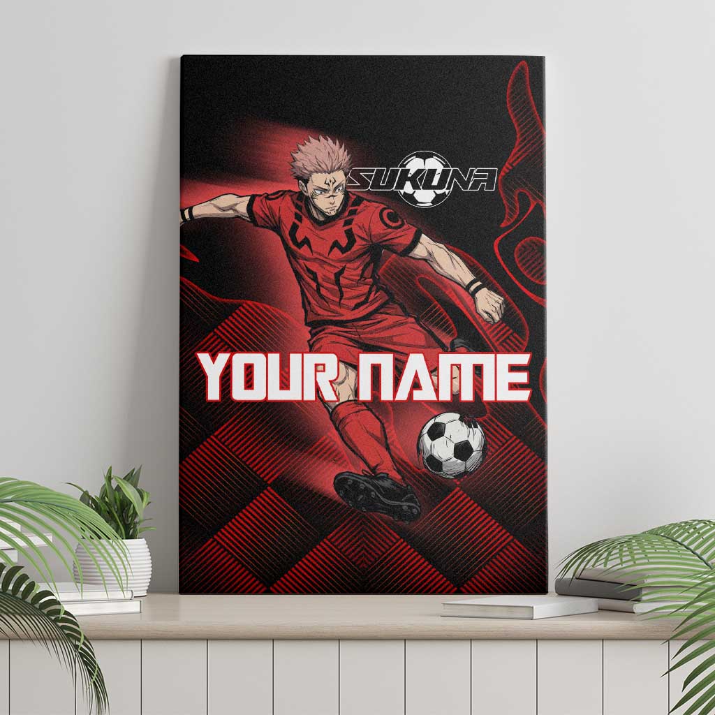 Personalized Sukuna Jujutsu Kaisen Soccer Theme Canvas Wall Art with Powerful Kick Pose and Red Black Plaid Graphic Design - The Mazicc