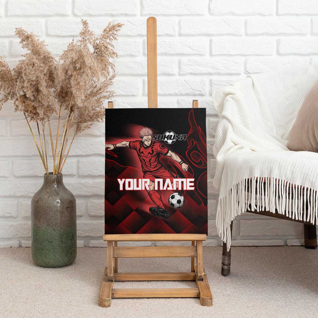 Personalized Sukuna Jujutsu Kaisen Soccer Theme Canvas Wall Art with Powerful Kick Pose and Red Black Plaid Graphic Design - The Mazicc