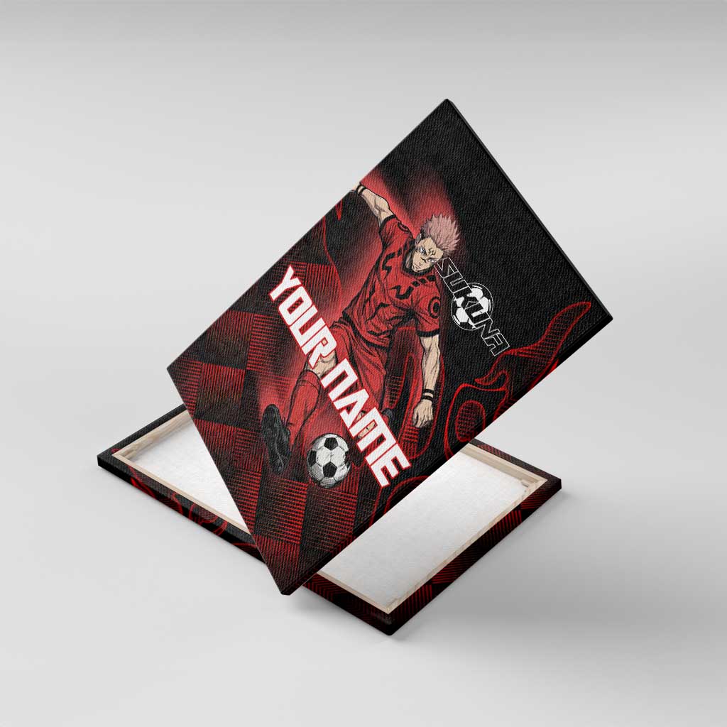 Personalized Sukuna Jujutsu Kaisen Soccer Theme Canvas Wall Art with Powerful Kick Pose and Red Black Plaid Graphic Design - The Mazicc