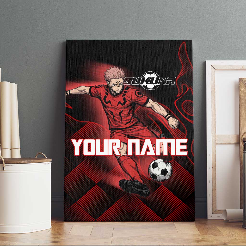 Personalized Sukuna Jujutsu Kaisen Soccer Theme Canvas Wall Art with Powerful Kick Pose and Red Black Plaid Graphic Design - The Mazicc