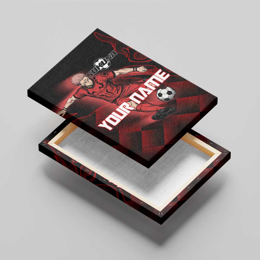 Personalized Sukuna Jujutsu Kaisen Soccer Theme Canvas Wall Art with Powerful Kick Pose and Red Black Plaid Graphic Design - The Mazicc