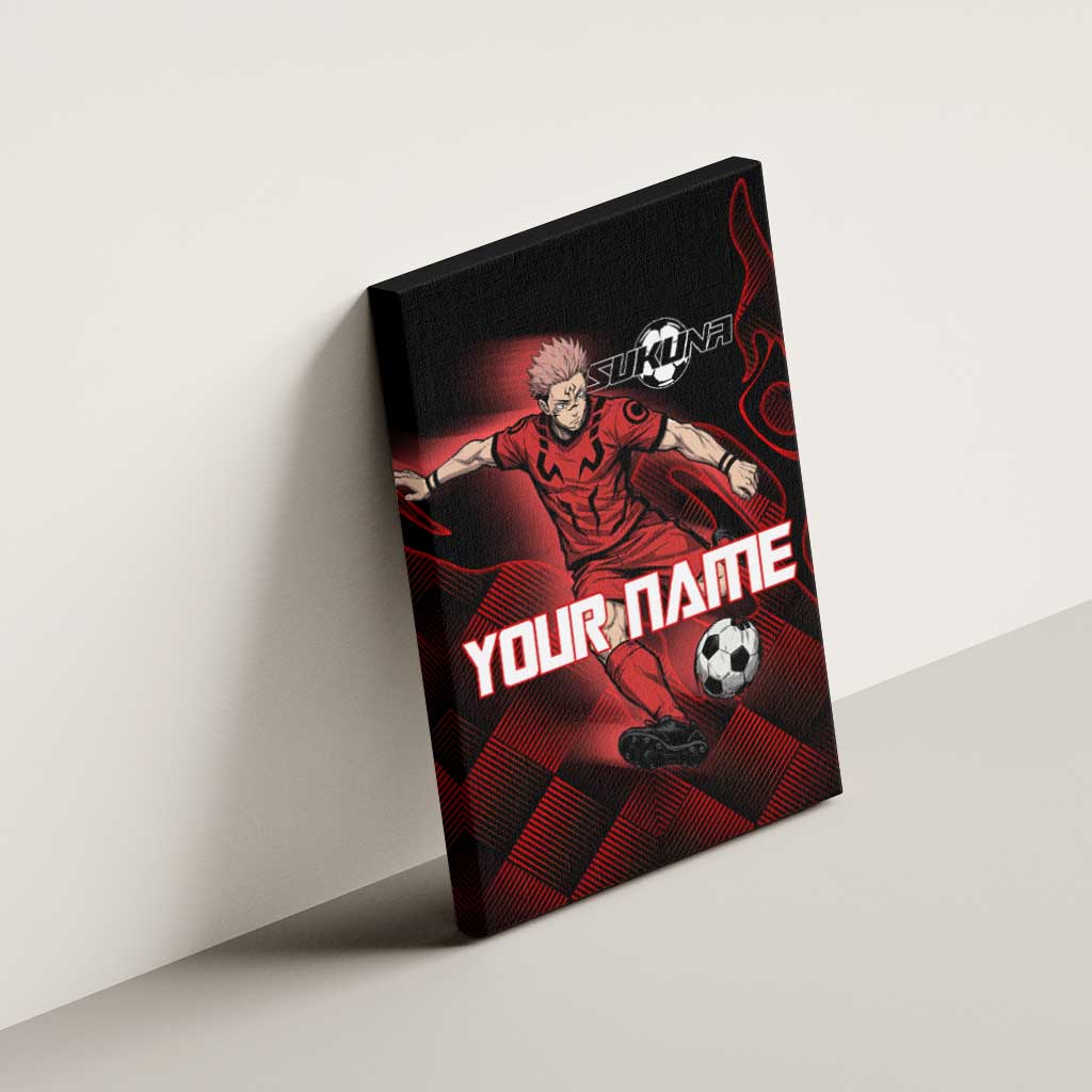 Personalized Sukuna Jujutsu Kaisen Soccer Theme Canvas Wall Art with Powerful Kick Pose and Red Black Plaid Graphic Design - The Mazicc