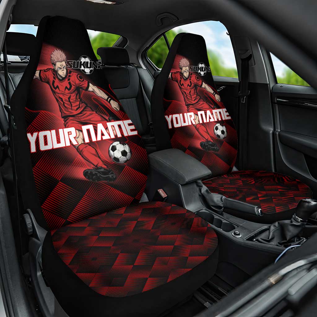 Personalized Sukuna Jujutsu Kaisen Soccer Theme Car Seat Cover with Powerful Kick Pose and Red Black Plaid Graphic Design - The Mazicc