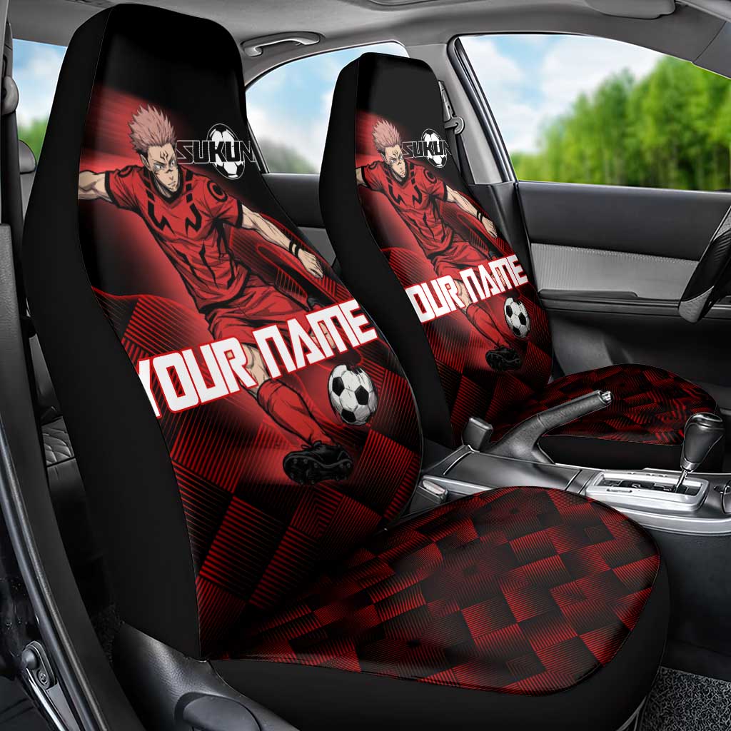 Personalized Sukuna Jujutsu Kaisen Soccer Theme Car Seat Cover with Powerful Kick Pose and Red Black Plaid Graphic Design - The Mazicc