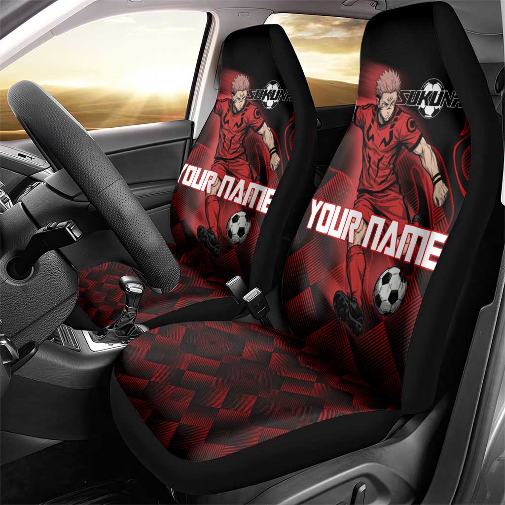 Personalized Sukuna Jujutsu Kaisen Soccer Theme Car Seat Cover with Powerful Kick Pose and Red Black Plaid Graphic Design - The Mazicc
