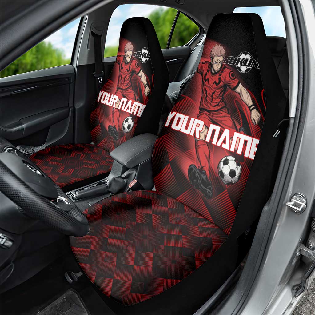 Personalized Sukuna Jujutsu Kaisen Soccer Theme Car Seat Cover with Powerful Kick Pose and Red Black Plaid Graphic Design - The Mazicc
