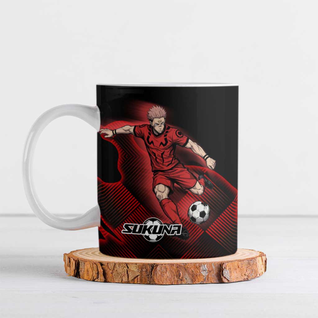 Personalized Sukuna Jujutsu Kaisen Soccer Theme Ceramic Mug with Powerful Kick Pose and Red Black Plaid Graphic Design - The Mazicc