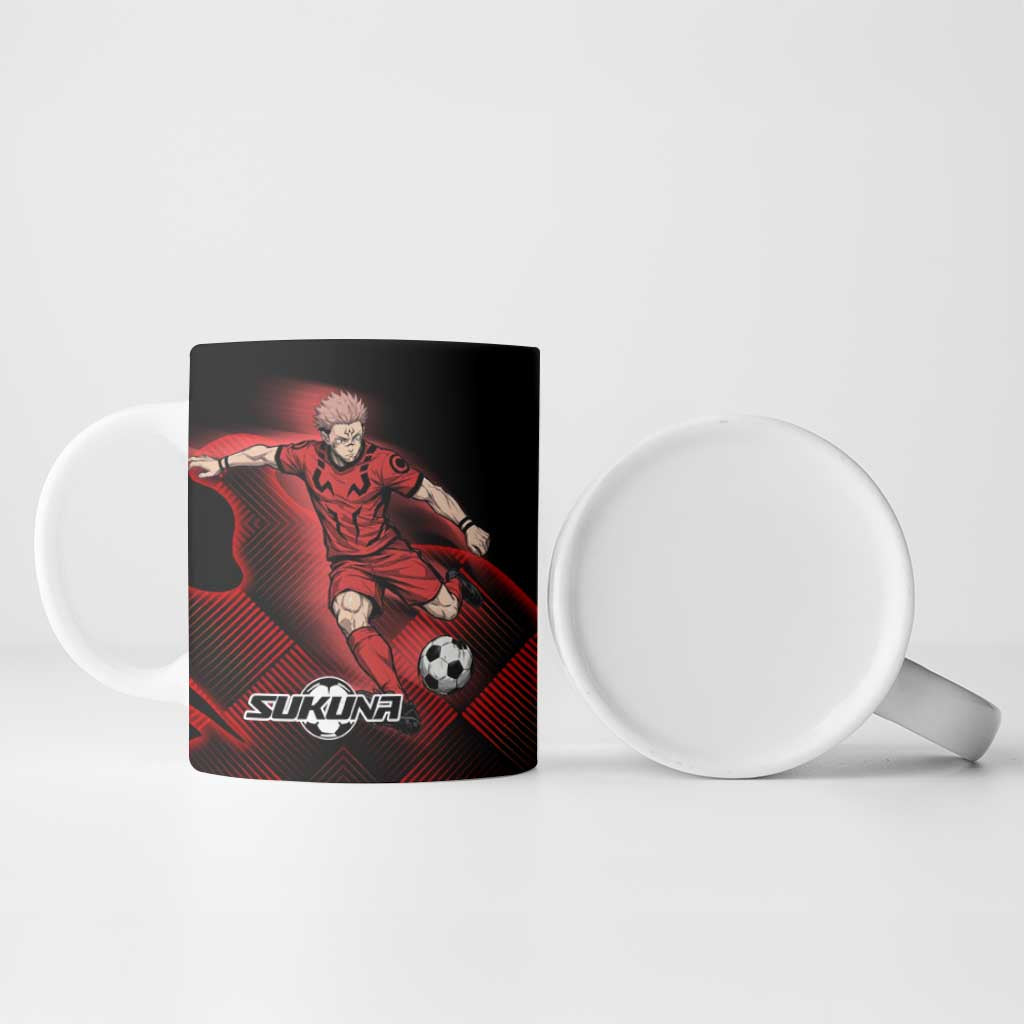 Personalized Sukuna Jujutsu Kaisen Soccer Theme Ceramic Mug with Powerful Kick Pose and Red Black Plaid Graphic Design - The Mazicc