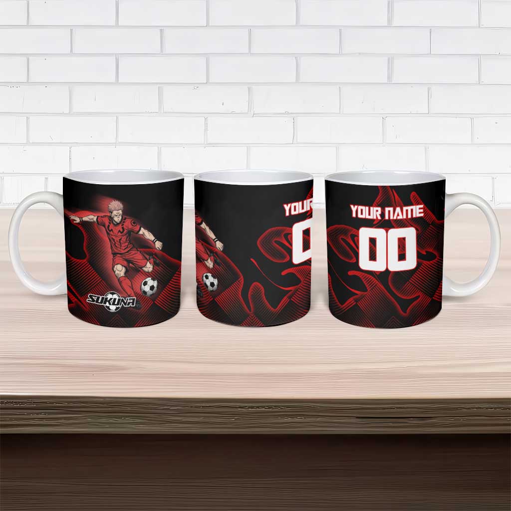 Personalized Sukuna Jujutsu Kaisen Soccer Theme Ceramic Mug with Powerful Kick Pose and Red Black Plaid Graphic Design - The Mazicc