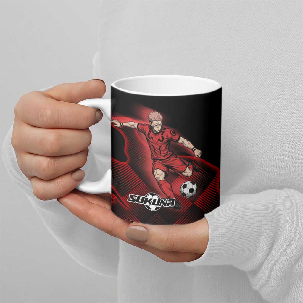 Personalized Sukuna Jujutsu Kaisen Soccer Theme Ceramic Mug with Powerful Kick Pose and Red Black Plaid Graphic Design - The Mazicc