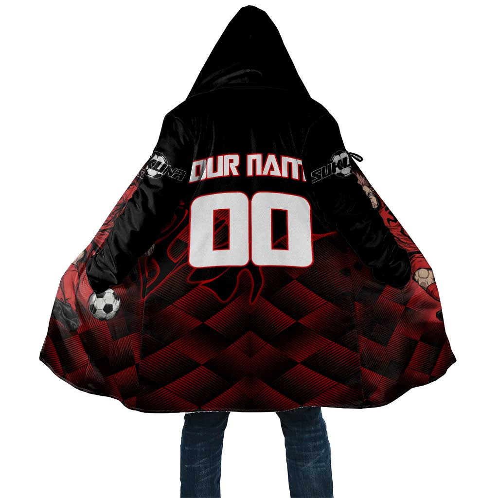 Personalized Sukuna Jujutsu Kaisen Soccer Theme Cloak with Powerful Kick Pose and Red Black Plaid Graphic Design - The Mazicc