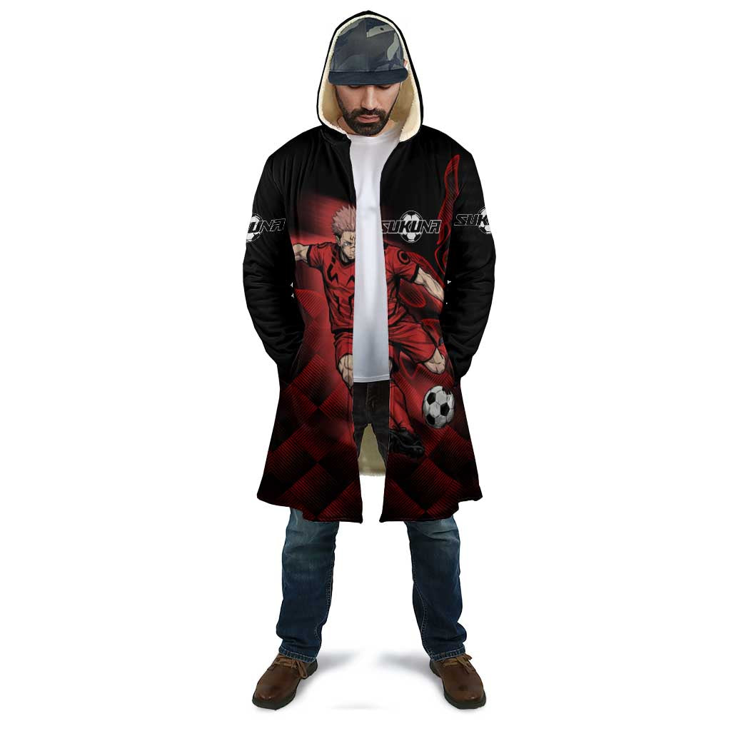 Personalized Sukuna Jujutsu Kaisen Soccer Theme Cloak with Powerful Kick Pose and Red Black Plaid Graphic Design - The Mazicc