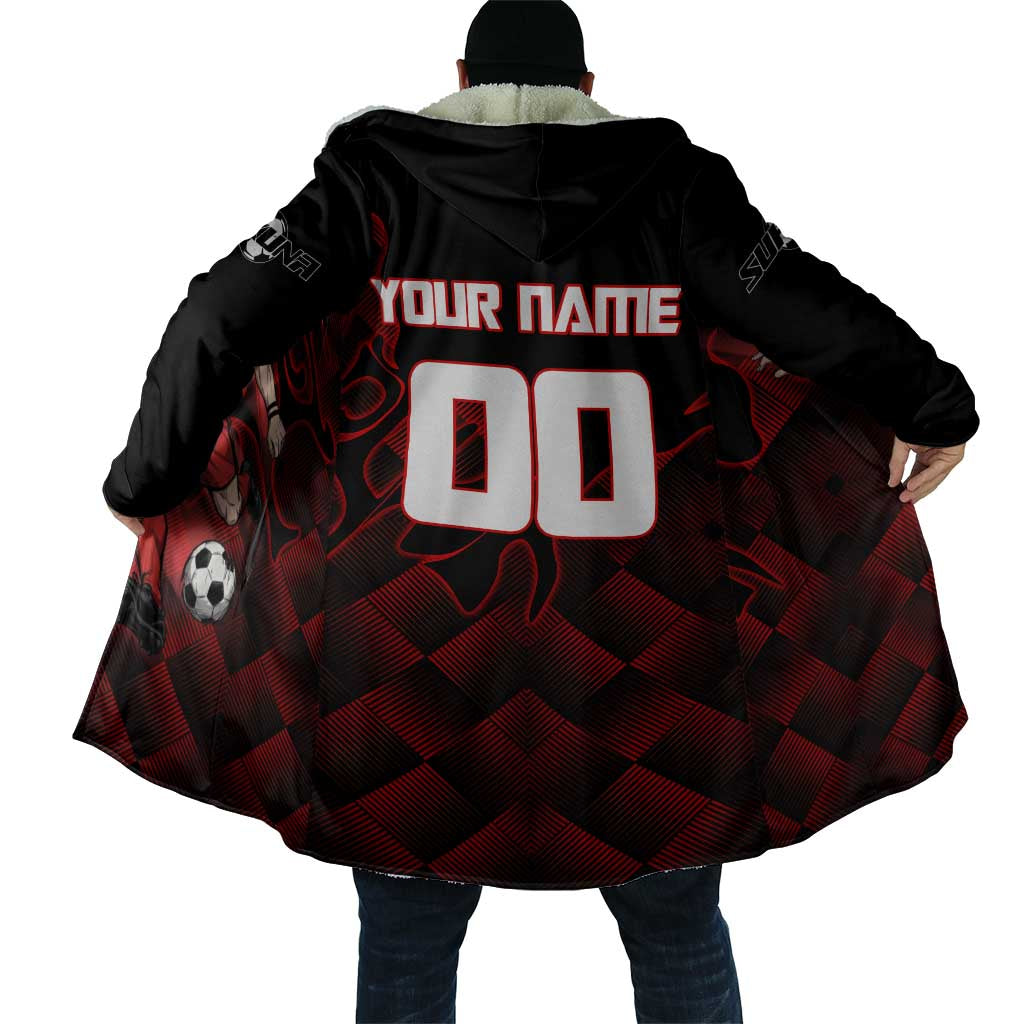 Personalized Sukuna Jujutsu Kaisen Soccer Theme Cloak with Powerful Kick Pose and Red Black Plaid Graphic Design - The Mazicc