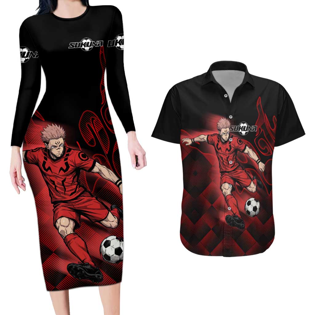 Personalized Sukuna Jujutsu Kaisen Soccer Theme Couples Matching Long Sleeve Bodycon Dress and Hawaiian Shirt with Powerful Kick Pose and Red Black Plaid Graphic Design - The Mazicc