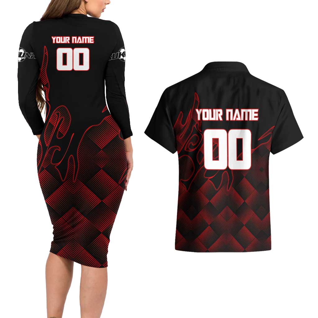 Personalized Sukuna Jujutsu Kaisen Soccer Theme Couples Matching Long Sleeve Bodycon Dress and Hawaiian Shirt with Powerful Kick Pose and Red Black Plaid Graphic Design - The Mazicc